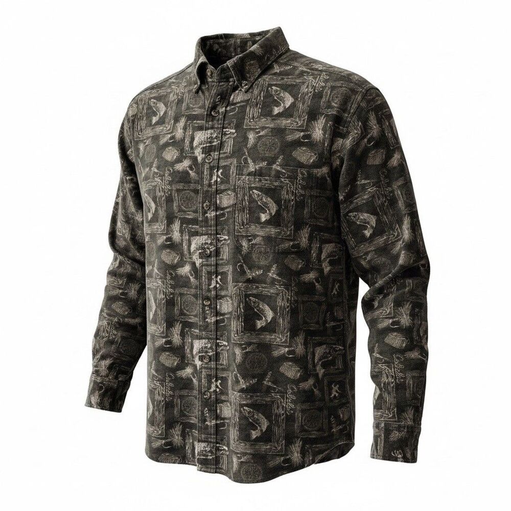 Cabelas Shirt Mens XLT Green Soft Flannel Chamois Fishing Print Camouflage